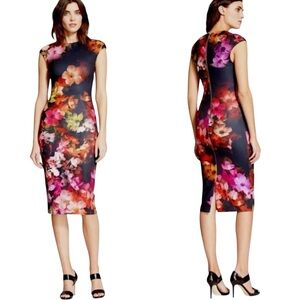 TED BAKER CATINA CASCADING FLORAL BLACK PINK FITTED CAP SLEEVE SHEATH DRESS